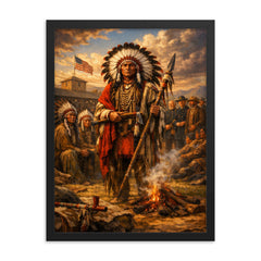 Red Cloud at Fort Laramie council framed print on a plain backdrop in size 18"x24".