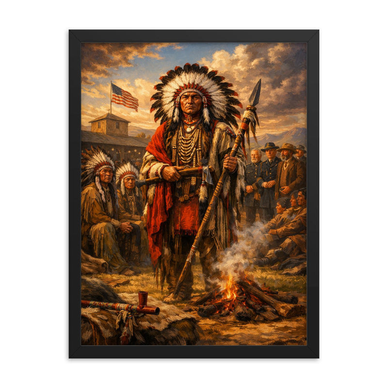 Red Cloud at Fort Laramie council framed print on a plain backdrop in size 18