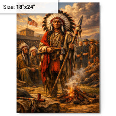 Red Cloud at Fort Laramie council metal print on a plain backdrop in size 18"x24".