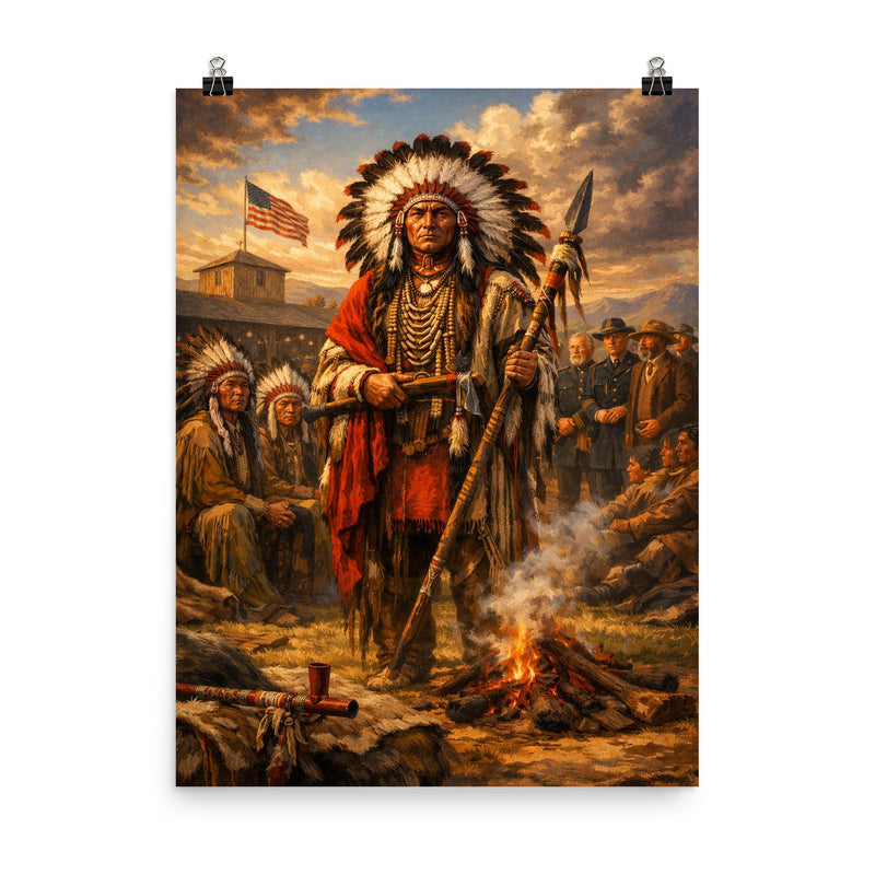 Red Cloud at Fort Laramie council poster on a plain backdrop in size 8