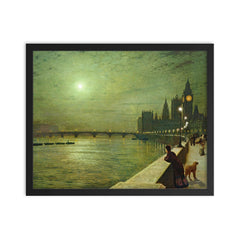 Reflections on the Thames by John Atkinson Grimshaw framed print on a plain backdrop in size 16"x20".