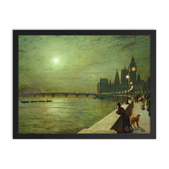 Reflections on the Thames by John Atkinson Grimshaw framed print on a plain backdrop in size 18"x24".