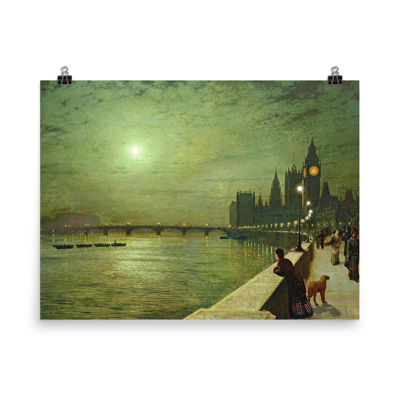 Reflections on the Thames by John Atkinson Grimshaw, 1880 poster on a plain backdrop in size 8