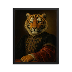 Regal portrait of a tiger with Renaissance style dress framed print on a plain backdrop in size 16"x20".