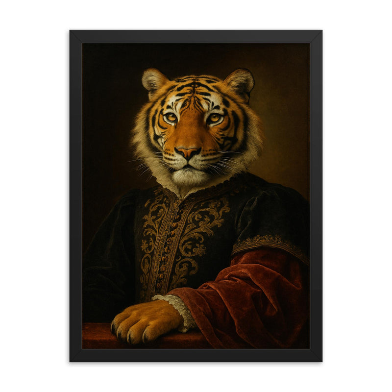 Regal portrait of a tiger with Renaissance style dress framed print on a plain backdrop in size 18