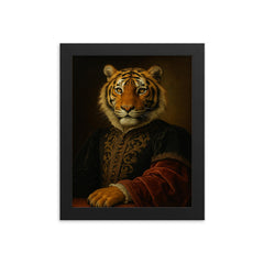 Regal portrait of a tiger with Renaissance style dress framed print on a plain backdrop in size 8"x10".