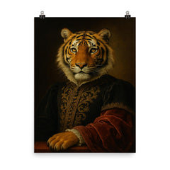 Regal portrait of a tiger with Renaissance style dress poster on a plain backdrop in size 8"x10".