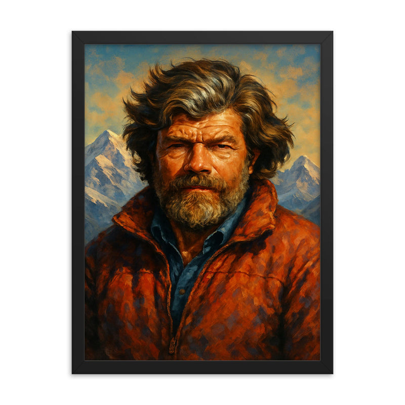 Reinhold Messner framed print on a plain backdrop in size 18