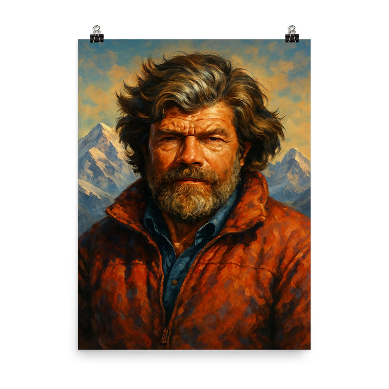 Reinhold Messner poster on a plain backdrop in size 8