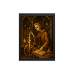 Remedios Varo alchemical laboratory scene framed print on a plain backdrop in size 12"x16".