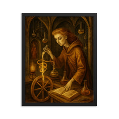 Remedios Varo alchemical laboratory scene framed print on a plain backdrop in size 16"x20".