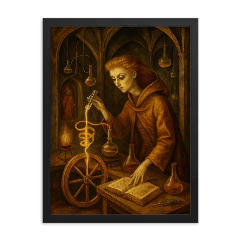 Remedios Varo alchemical laboratory scene framed print on a plain backdrop in size 18