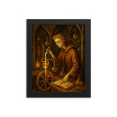 Remedios Varo alchemical laboratory scene framed print on a plain backdrop in size 8"x10".