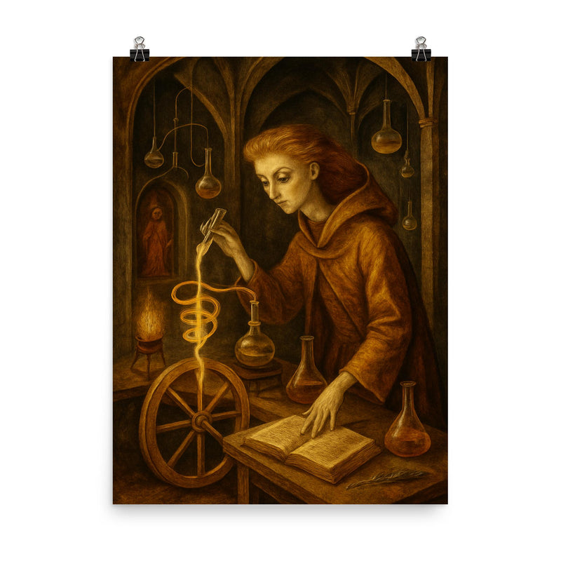 Remedios Varo alchemical laboratory scene poster on a plain backdrop in size 8
