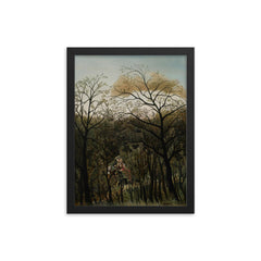 Rendezvous in the Forest by Henri Rousseau, 1889 framed print on a plain backdrop in size 12"x16".