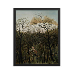 Rendezvous in the Forest by Henri Rousseau, 1889 framed print on a plain backdrop in size 16"x20".