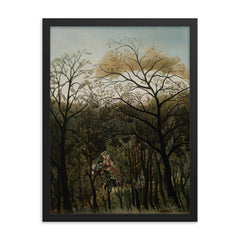 Rendezvous in the Forest by Henri Rousseau, 1889 framed print on a plain backdrop in size 18"x24".