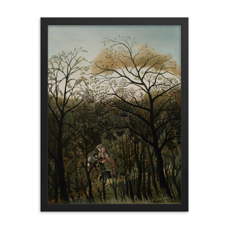 Rendezvous in the Forest by Henri Rousseau, 1889 framed print on a plain backdrop in size 18