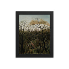 Rendezvous in the Forest by Henri Rousseau, 1889 framed print on a plain backdrop in size 8"x10".