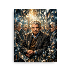 Rene Girard among mirrors and mimetic doubles canvas print on a plain backdrop in size 16"x20".