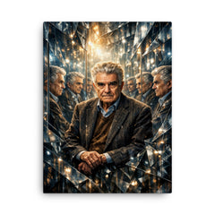 Rene Girard among mirrors and mimetic doubles canvas print on a plain backdrop in size 18"x24".