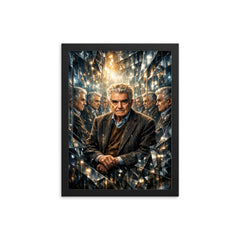 Rene Girard among mirrors and mimetic doubles framed print on a plain backdrop in size 12"x16".