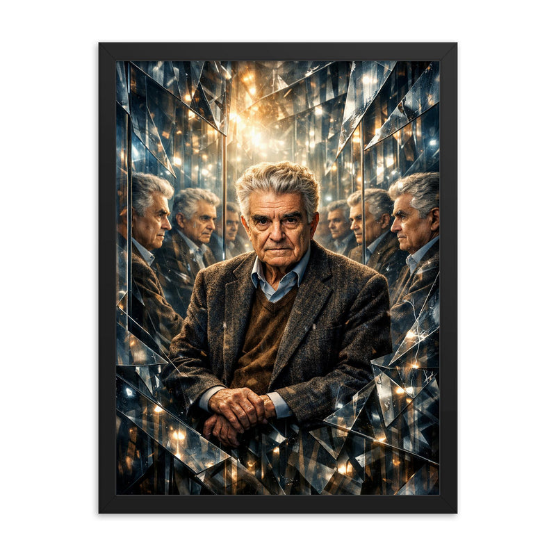 Rene Girard among mirrors and mimetic doubles framed print on a plain backdrop in size 18