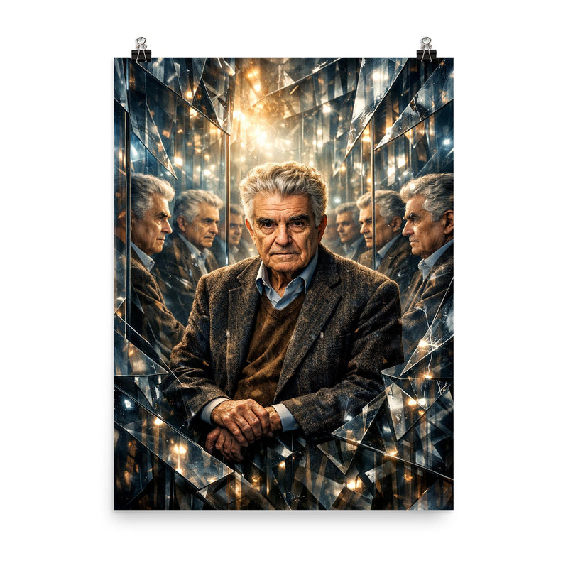 Rene Girard among mirrors and mimetic doubles poster on a plain backdrop in size 8