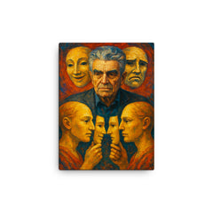 Rene Girard with masks and mirrored desire canvas print on a plain backdrop in size 12"x16".