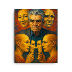 Rene Girard with masks and mirrored desire canvas print on a plain backdrop in size 16"x20".