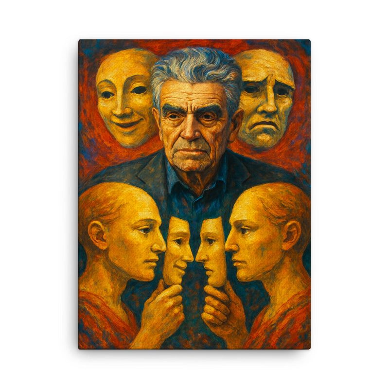 Rene Girard with masks and mirrored desire canvas print on a plain backdrop in size 18