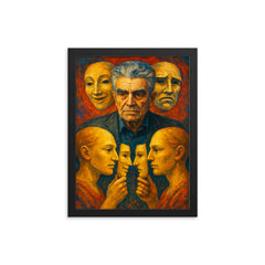 Rene Girard with masks and mirrored desire framed print on a plain backdrop in size 12"x16".
