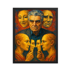 Rene Girard with masks and mirrored desire framed print on a plain backdrop in size 16"x20".