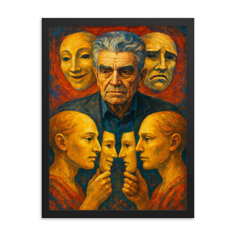 Rene Girard with masks and mirrored desire framed print on a plain backdrop in size 18