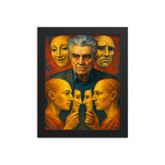 Rene Girard with masks and mirrored desire framed print on a plain backdrop in size 8"x10".