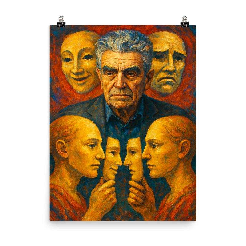 Rene Girard with masks and mirrored desire poster on a plain backdrop in size 8