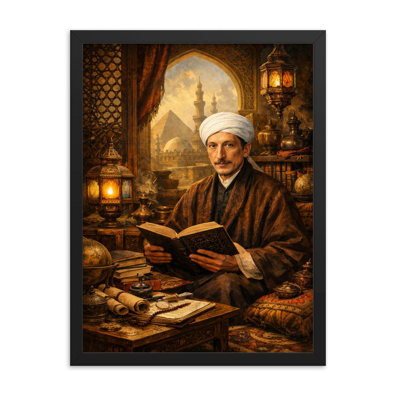 Rene Guenon in Cairo study framed print on a plain backdrop in size 18