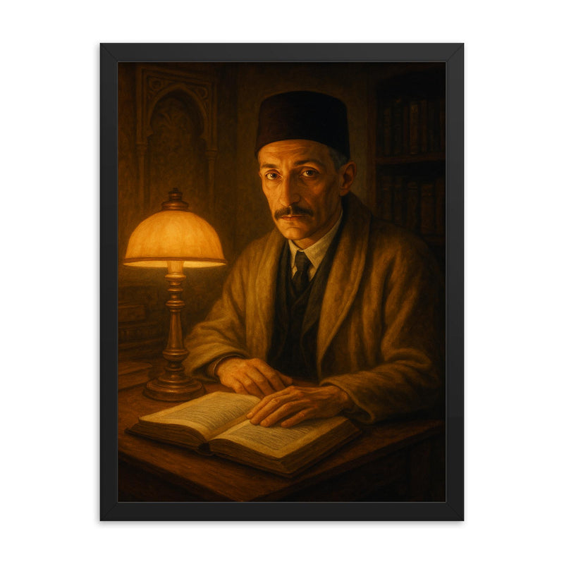 Rene Guenon in Cairo study lamp glow framed print on a plain backdrop in size 18
