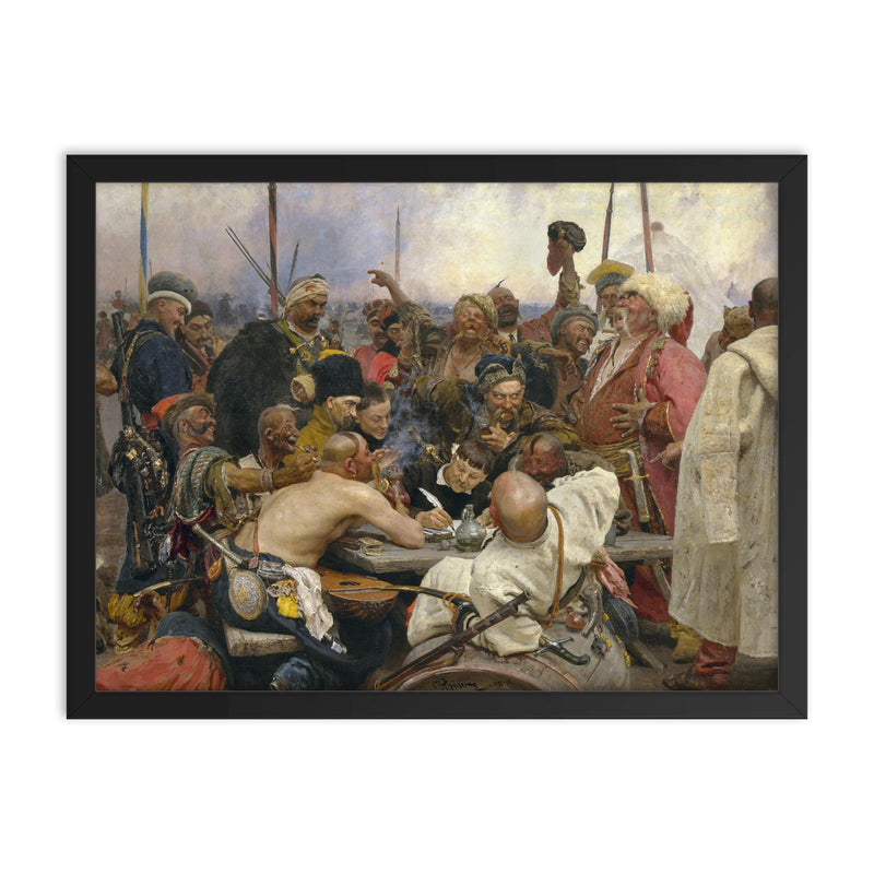 Reply of the Zaporozhian Cossacks by Ilya Repin, 1891 framed print on a plain backdrop in size 18
