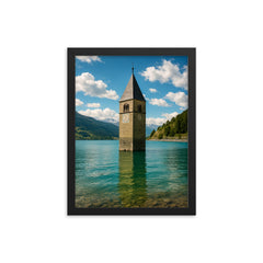Reschensee Bell Tower Lake Resia Italy framed print on a plain backdrop in size 12"x16".