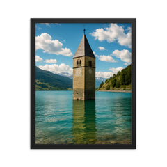 Reschensee Bell Tower Lake Resia Italy framed print on a plain backdrop in size 16"x20".