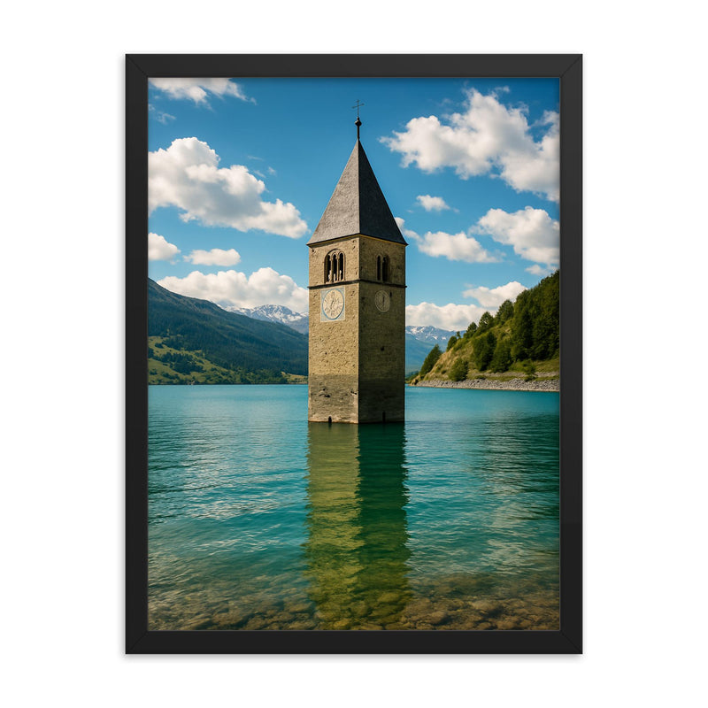 Reschensee Bell Tower Lake Resia Italy framed print on a plain backdrop in size 18