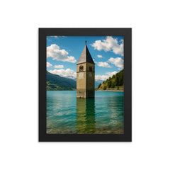 Reschensee Bell Tower Lake Resia Italy framed print on a plain backdrop in size 8"x10".