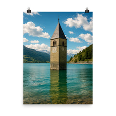 Reschensee Bell Tower Lake Resia Italy poster on a plain backdrop in size 8"x10".