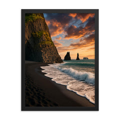Reynisfjara Black Sand Beach Iceland framed print on a plain backdrop in size 18"x24".