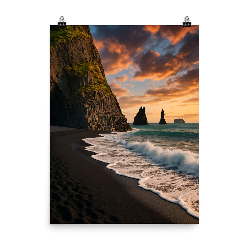 Reynisfjara Black Sand Beach Iceland poster on a plain backdrop in size 8