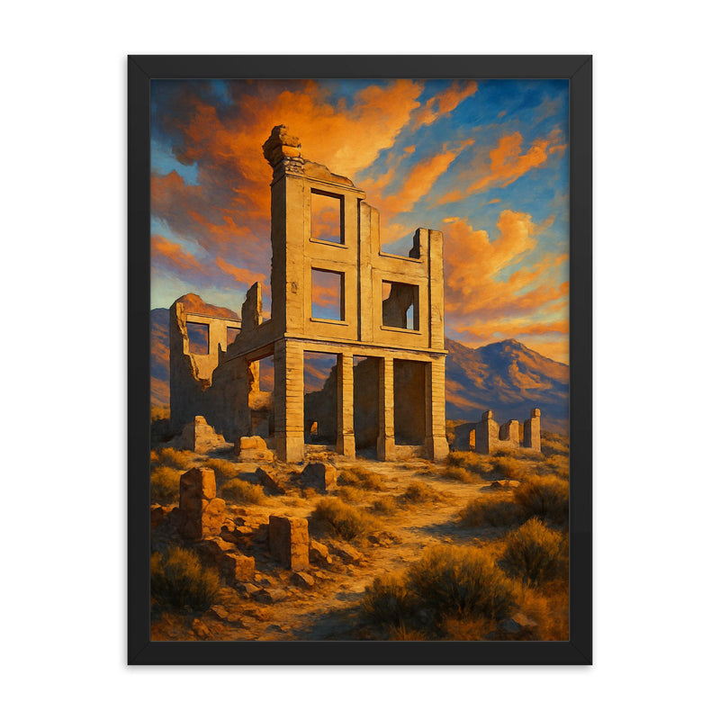 Rhyolite Ghost Town Nevada USA framed print on a plain backdrop in size 18