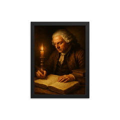 Richard Cantillon candlelit merchant manuscript framed print on a plain backdrop in size 12"x16".
