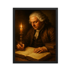 Richard Cantillon candlelit merchant manuscript framed print on a plain backdrop in size 16"x20".
