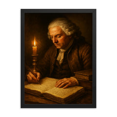 Richard Cantillon candlelit merchant manuscript framed print on a plain backdrop in size 18"x24".